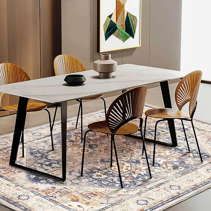 3'x5' Blue Khaki Vintage Washable Thin Area Rug Traditional Floor Cover Foldable Indoor Distressed Non Slip Carpet Floral Print Mat for Bedroom Living Room Bathroom