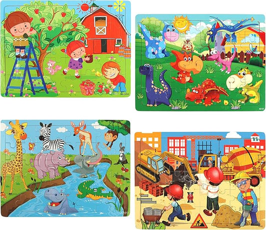 SYNARRY Puzzles for Kids Ages 4-8, 4 Pack Wooden Jigsaw Puzzles for Kids Ages 3-5 Years Old 40 Pieces, Preschool Puzzle Toy Gift for Children Boys and Girls, Farm Dinosaur Animal Construction Theme