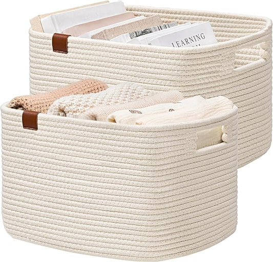 UBBCARE 2 Pack Baskets for Organizing, Woven Storage Baskets with Label for Toys and Towel, Rectangle Cotton Rope Basket with Handles, 15''L x10''W x9''H, Off-White