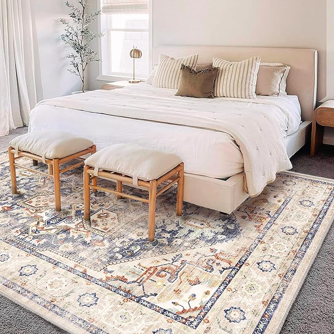 Washable Area Rug 10'x14' Blue Khaki Retro Flowers Boho Design Non-Shedding Easy Care Ideal for High Traffic Areas in Living Room Bedroom Office Coffee Table Kitchen Large Carpet