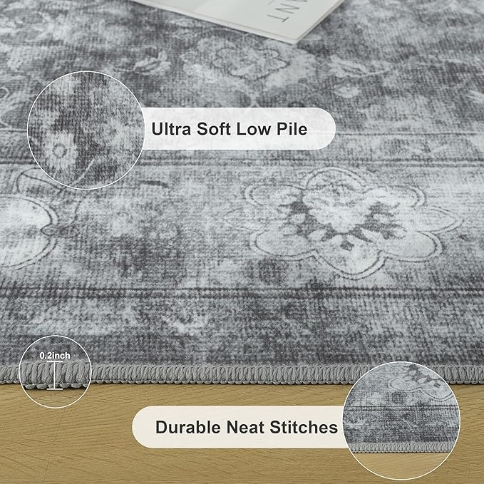 Large 8x10 Washable Area Rug for Living Room, Non Slip Vintage Traditional Rugs for Bedroom, Indoor Thin Accent Floral Nursery Carpet for Dining Room, Farmhouse (Distressed Grey)