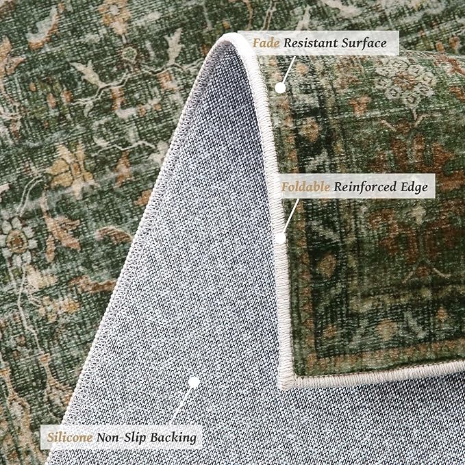 Washable 4x6 Rugs for Living Room, Boho Non-Slip Silicone Backing Small Rugs for Bedroom Nursery Office, 0.3" Neutral Oriental Throw Carpet with 0.16" Cushioning Pad, Grass Green/Multi