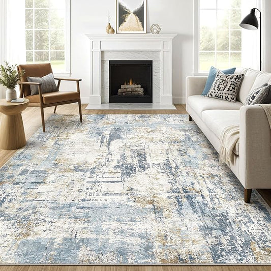 8x10 Area Rugs Washable Rug: Living Room Large Abstract Modern Soft Stain Resistant Indoor Floor Non Slip Accent Carpet for Bedroom Nursery Playroom Office Dining Room Dorm Home House- Blue
