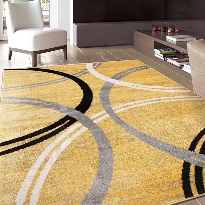 Rugshop Modern Wavy Circles Design Area Rug 10' x 14' Yellow