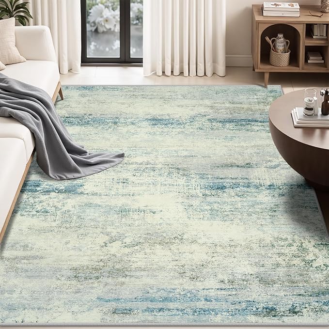 Washable Rug 6x9 Area Rugs, Abstract Large Living Room Rugs with Non-Slip Backing, Thin Carpet for Dorm Dining Room Table Nursery Indoor Home Office -Blue/Gray