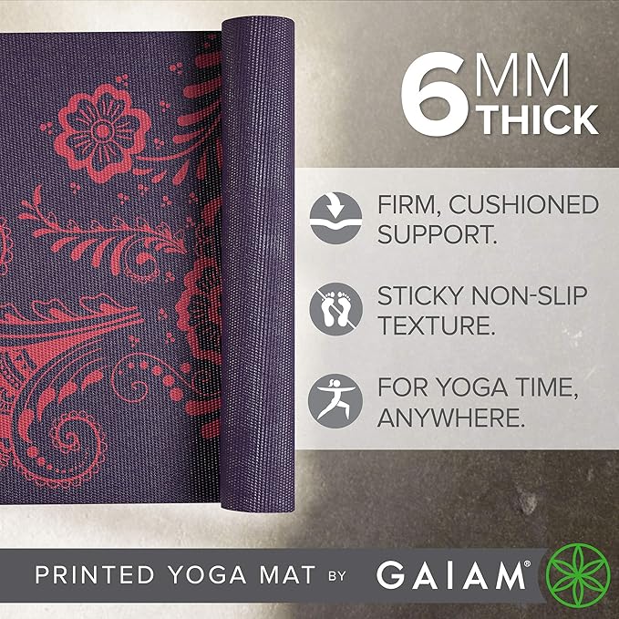Gaiam Yoga Mat - Premium 6mm Print Extra Thick Non Slip Exercise & Fitness Mat for All Types of Yoga, Pilates & Floor Workouts (68"L x 24"W x 6mm Thick)