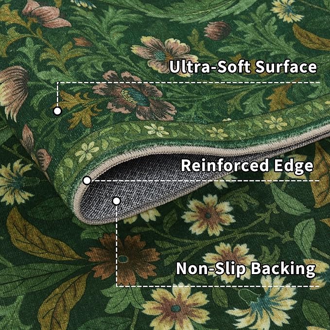 Floral 2x3 Entryway Rug,Washable Front Door Mat Indoor Non Slip Low Pile Small Carpet, Soft Green Boho Botanical Throw Rug for Bathroom Bedroom Kitchen Laundry Indoor Entrance