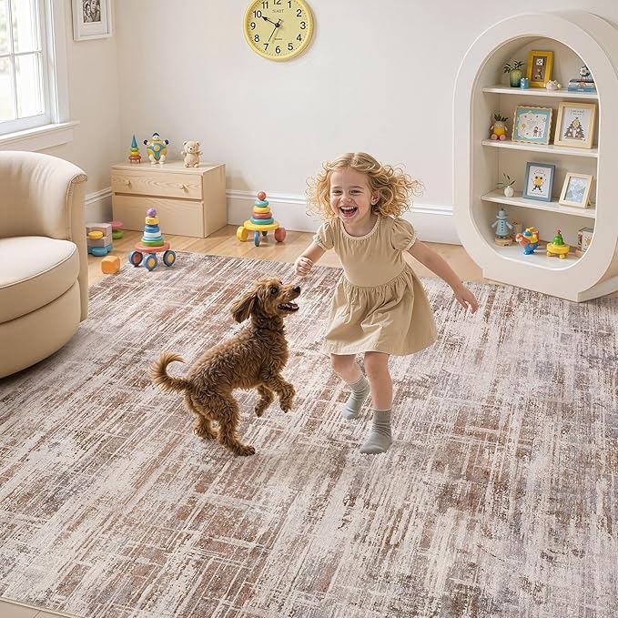 Area Rug for Living Room: 6x9 Washable Neutral Abstract Modern Soft Rugs Non Slip Indoor Floor Stain Resistant Large Carpet for Bedroom Dining Room Office Nursery - Red Brown