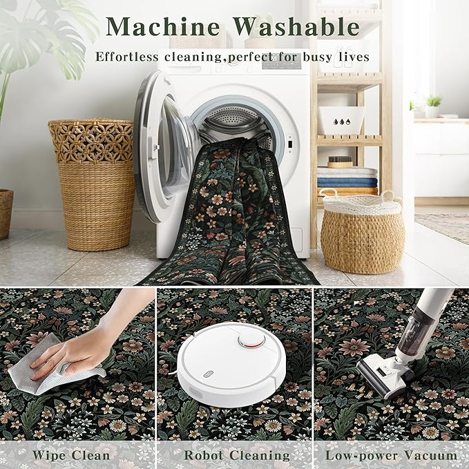 9x12 Black Vintage Floral Area Rug,Washable Large Boho Living Room Rugs,Botanical Print Non-Slip Stain Resistant Lightweight Carpet for Bedroom Dining Room Nursery