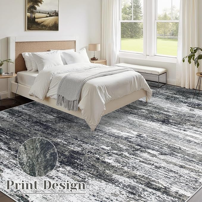 Washable Rug 8x10 Area Rugs for Living Room: Large Neutral Soft Rug Abstract Non Slip Low Pile Modern Carpet for Bedroom Kitchen Nursery Office Dining Room Indoor (Black, 8'x10')