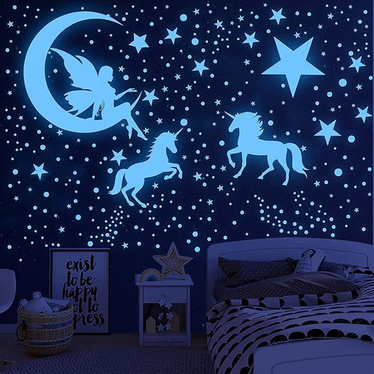 Glow in The Dark Stars for Ceiling,Unicorn Wall Decals Stickers Wall Decor for Girls Bedroom Luminous Glow Unicorn Stars Planet Ceiling Stickers for Baby Boys Kids Playroom Living Room Nursery