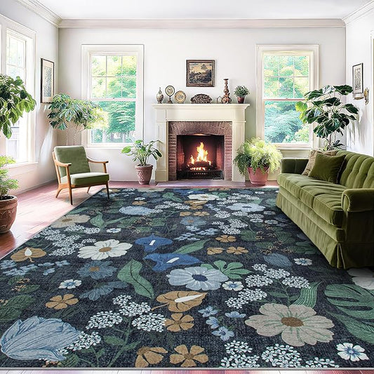 Area Rug Living Room Rugs: 6x9 Washable Rug Vintage Floral Soft Boho Non Slip Carpet Indoor Floor Non Shedding Low Pile Thin Carpets for Bedroom Dining Room Farmhouse Nursery Home Office Blue
