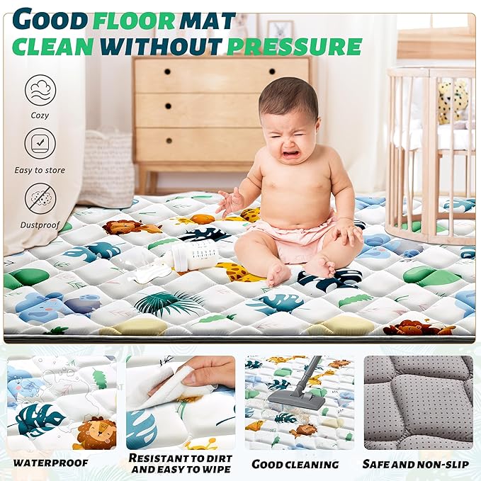 Baby Play Mats for Floor, 47x47 Playpen Mat for Babies, Extra Thicker & Soft Floor Crawling Mat, Foldable Non-Slip Playmat Cushioned for Infants Toddlers, Cute Animal Design
