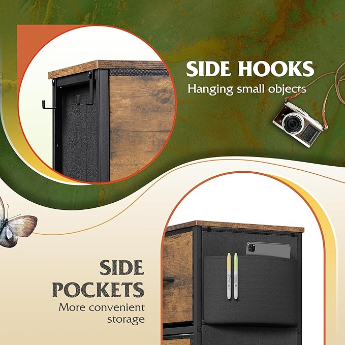 WLIVE Fabric Dresser for Bedroom with 10 Drawers, Chest of Drawers with Side Pockets and Hooks, Sturdy Metal Frame, Drawers Organizer Unit for Living Room, Hallway, Rustic Brown Wood Grain Print