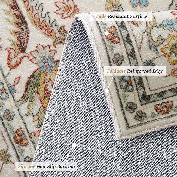 Washable 9x12 Area Rugs for Living Room, Boho Non-Slip Silicone Backing Rugs for Bedroom Dining Room Nursery Office, 0.3" Neutral Oriental Throw Carpet with 0.16" Cushioning Pad, Light Beige/Multi
