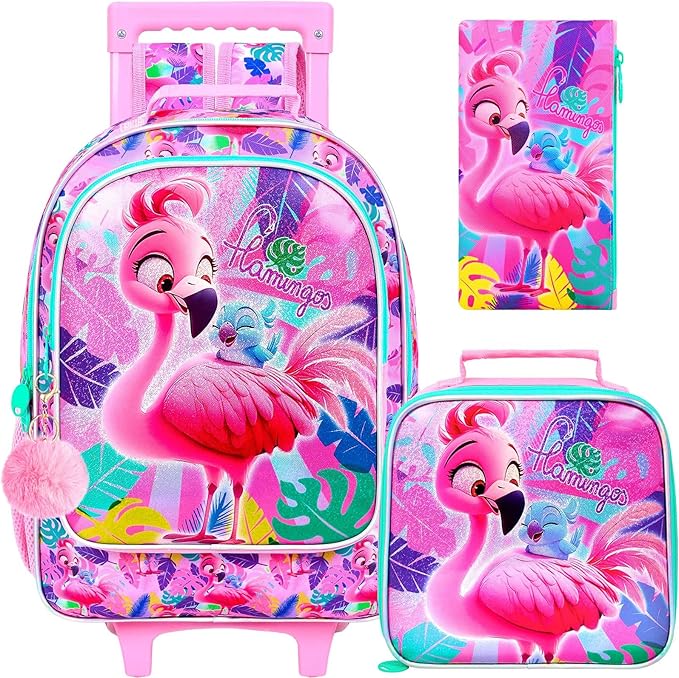 Girls Rolling Backpack, Cute Flamingo Roller Wheels Kids Bookbag - Wheeled Elementary School Bag - 3PCS Flamingo
