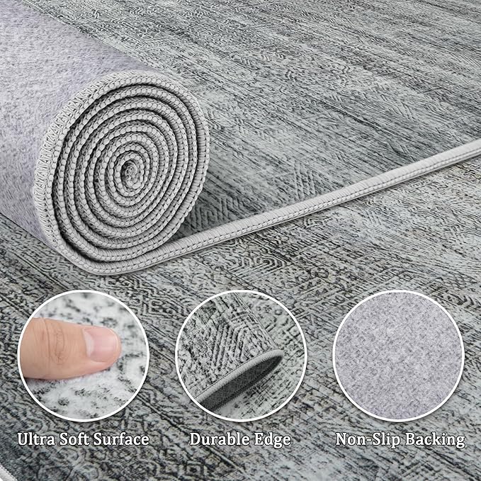 9x12 Area Rug Living Room Rugs - Washable Rug Large Modern Abstract Soft Thin Carpets Indoor Floor No Slip Vintage Carpet for Bedroom Under Dining Table Nursery Home Office Decor Gray Blue