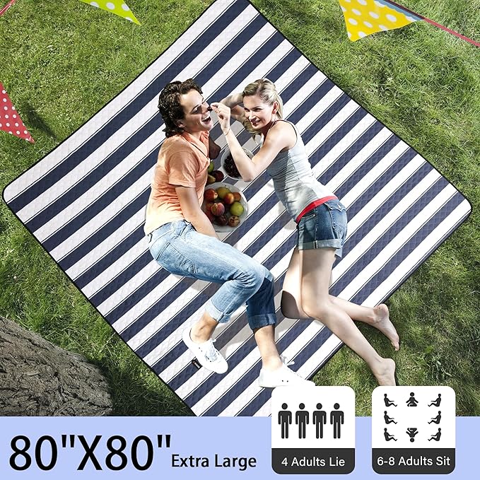 HX&OD Outdoor Picnic Blanket Extra Large, 80”x80” Waterproof Picnic Mat Foldable Camping Blanket Portable with Carry Strap for Beach Mat (Bule)