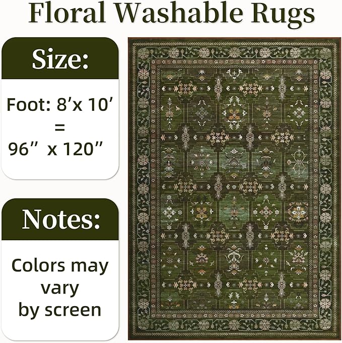 8x10 Washable Area Rug for Living Room, Non Slip Vintage Floral Print Rugs No Shedding, Distressed Thin Retro Accent Carpet for Bedroom Nursery Farmhouse Dining Room Dark Green