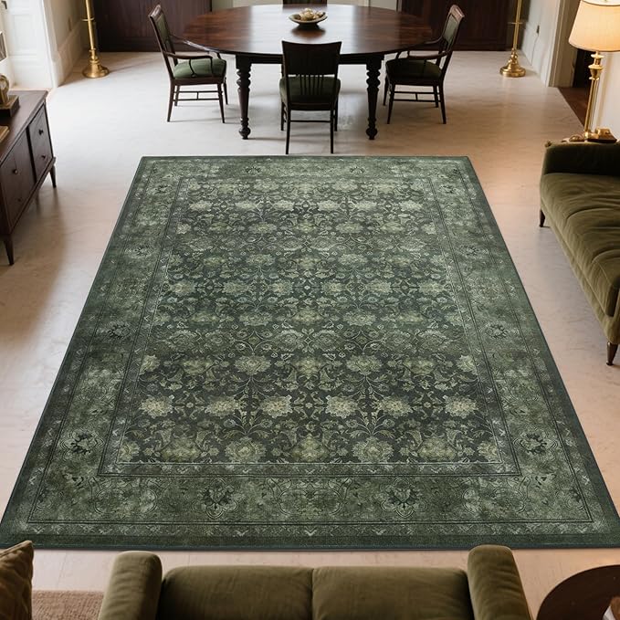 Large 8x10 Washable Area Rug for Living Room, Non Slip Vintage Traditional Rugs for Bedroom, Indoor Thin Accent Floral Nursery Carpet for Dining Room, Farmhouse (Distressed Green)