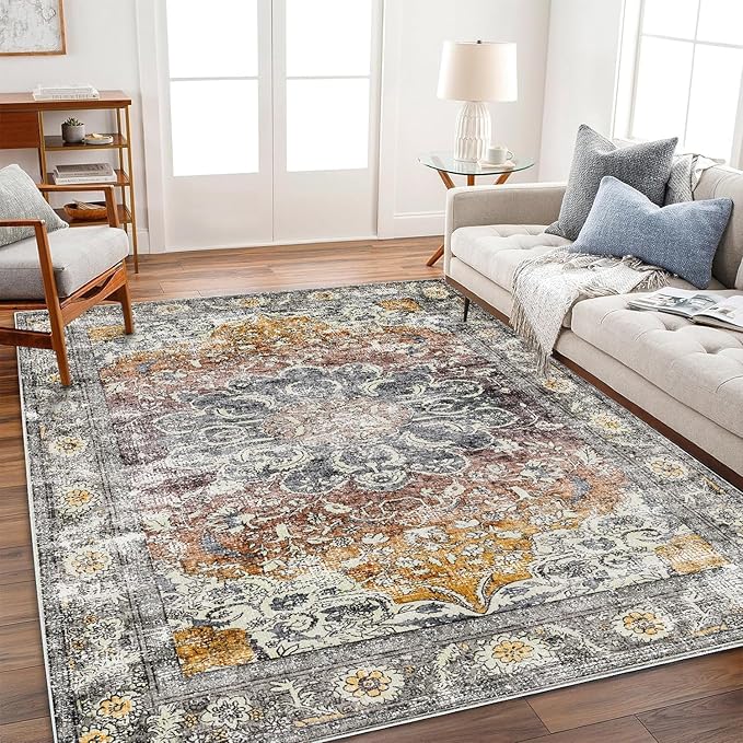Area Rug 10x14 Washable Taupe Vintage Traditional Mat Distressed Indoor Foldable Thin Rug Retro Accent Floral Non Slip Carpet for Living Room Dining Room Office