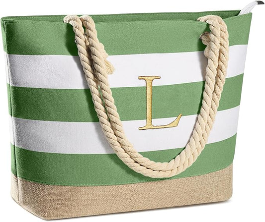 YOOLIFE Initial Canvas Waterproof Beach Tote Bag Zipper Personalized Gifts for Women Her Birthday Travel Beach Essential