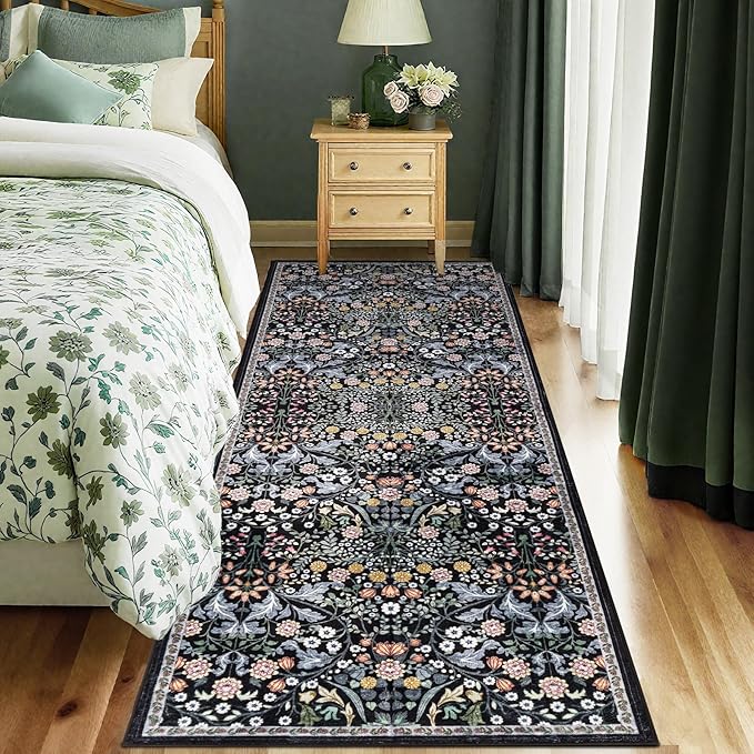 Runner Rug for Entryway: 2x10 Kitchen Rugs Non Slip Washable Ultra Soft Floral Carpet Indoor Stain Resistant Carpets for Hallway Bedroom Kitchen Laundry Bathroom Dorm Dark Black