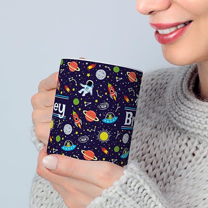 Personalized Mug for Kids - Outer Space - Custom Name/Text, Ceramic Hot Chocolate/Cocoa/Coffee Cup for Boys/Girls, Birthday/Christmas/Holiday Gift - 15 oz, Red Handle