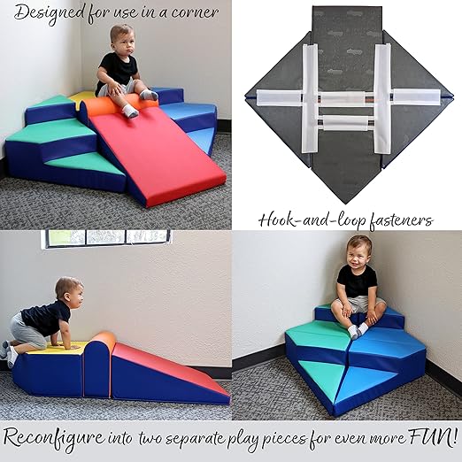 FDP SoftScape Step Up and Slide Corner Climber, Indoor Active Play Structure for Toddlers and Preschoolers, Soft Foam for Crawling and Sliding, Multiple Configurations (4-Piece) - Assorted, 13383