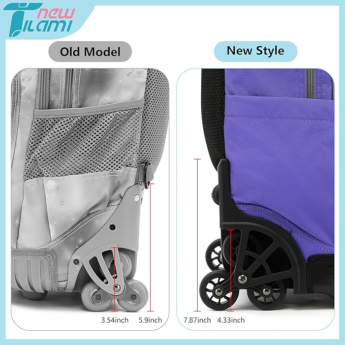 NEW TILAMI 18 inch Rolling Backpack Boys & Girls for School – Durable, Waterproof, Adjustable Handle, Ideal for Travel & Daily Use, Purple Sky