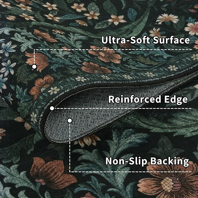 Floral 2x3 Entryway Rug,Washable Front Door Mat Indoor Non Slip Low Pile Small Carpet, Soft Black Boho Botanical Throw Rug for Bathroom Bedroom Kitchen Laundry Indoor Entrance