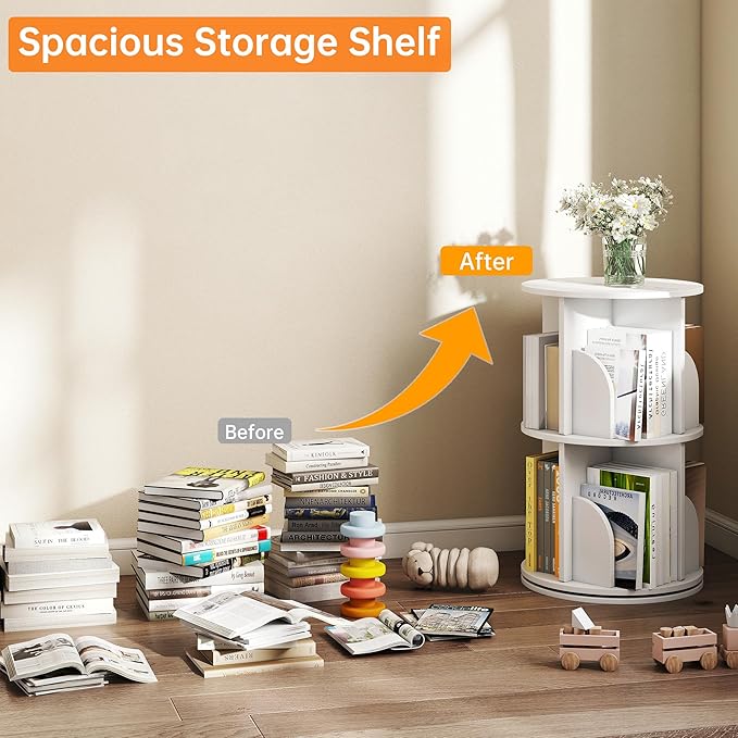 Rotating 2-Tier Bookshelf, 360° Spinning Corner Bookcase with Lazy Susan, White Space Saving Organizer for Study Room, Home Office, Kids Rooms, Bedroom, Adults & Kids