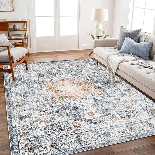 Area Rug 10x14 Washable Orange Gray Vintage Traditional Mat Distressed Indoor Foldable Thin Retro Accent Floral Non Slip Carpet for Living Room Dining Room Office