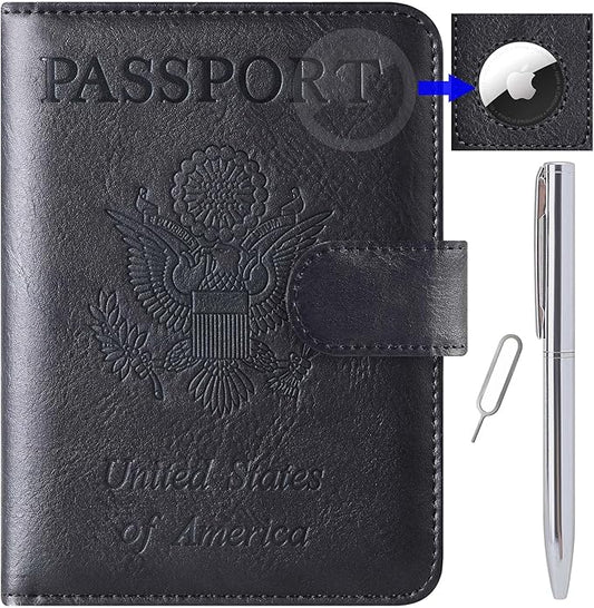 Airtag Passport Holder Cover Wallet Travel Essentials Leather RFID Blocking Case Vacation Luggage Must Haves Travel Accessories for Men Women (117#Black)
