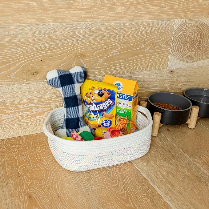 NaturalCozy 5-Piece Rectangle Storage Basket Set- Natural Cotton Rope Woven Baskets for Organizing! Small Basket for Montessori, Baby Nursery, Dog Toy Baskets, Cat Toy Box, Bathroom Organization Bin