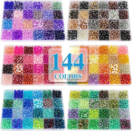 XSEINO About 7200pcs 144 Colors 6mm Crackle Glass Beads Bracelet Making Kit,6Box Different Style Crack Series Colorful Crystal Beads for Bracelet Jewelry Making,DIY Crafts,Friendship Bracelets