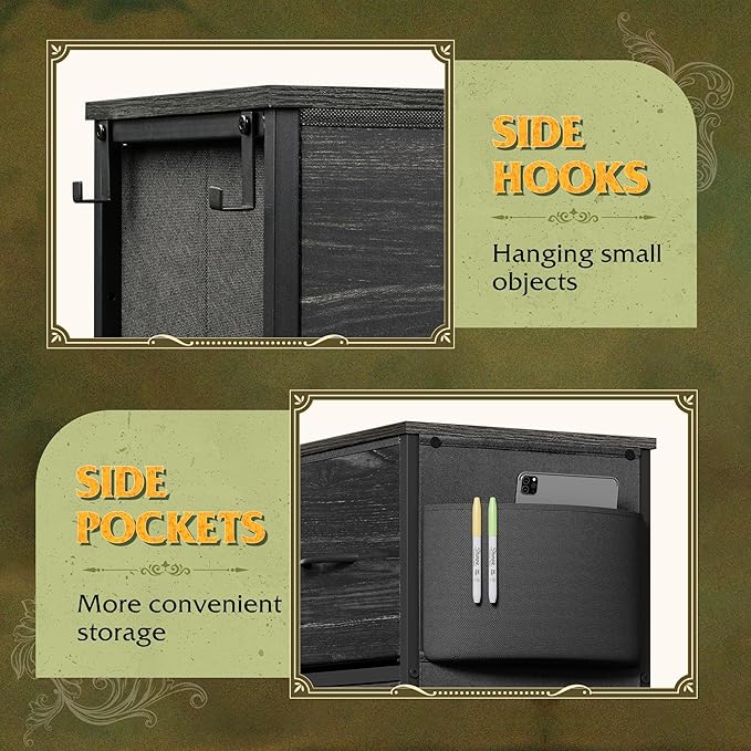 WLIVE Dresser for Bedroom with 10 Drawers, Fabric Dresser Chest of Drawers with Side Pockets and Hooks, Sturdy Metal Frame, Drawers Organizer Unit for Room, Hallway, Charcoal Black Wood Grain Print