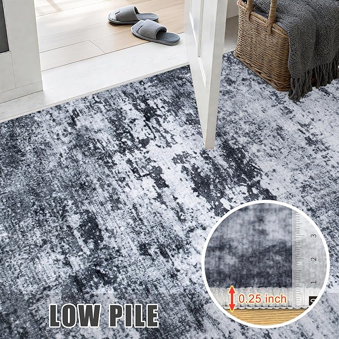 8x10 Area Rug Living Room Rug: Washable Modern Abstract Soft Thin Rug Indoor Floor No Slip Stain Resistant Carpet for Bedroom Dining Room Farmhouse Nursery Home Office - Black