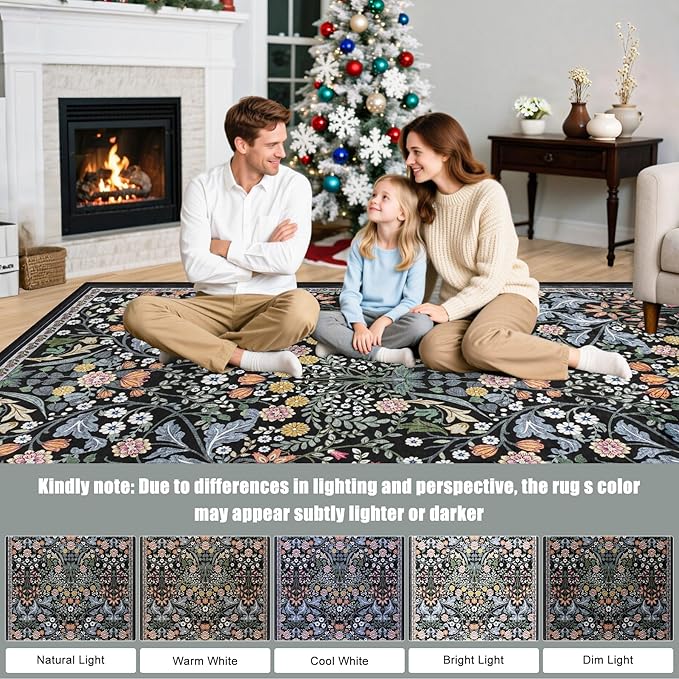 Area Rug Living Room Rugs: Floral 5x7 Washable Rug Vintage Soft Boho Non-Slip Carpet Indoor Stain Resistant Large Carpets for Bedroom Dining Room Farmhouse Nursery Hallway Home Office Dark Black