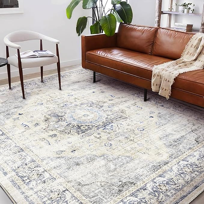 Washable Area Rug 9'x12' Floral Blue Boho Design Non-Shedding Easy Care Ideal for High Traffic Areas in Living Room Bedroom Office Coffee Table Kitchen Large Carpet
