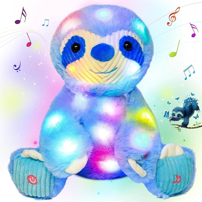 Cuteoy Light-up Singing Plush Blue Sloth LED Musical Stuffed Animal Adjustable Volume Lullaby Plushies Birthday Christmas Toy Gifts for Kids Toddler Girls, 13"