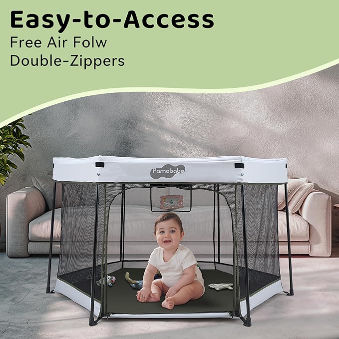 Pamo Babe Baby Playpen with Sun Protection Canopy - Indoor & Outdoor Play Yard for Babies and Toddlers - Baby Tent with Zipper Door