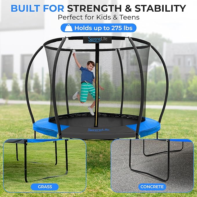 SereneLife 8FT 10FT 12FT 14FT Outdoor Trampoline for Kids - Recreational Backyard Trampoline with Curved Safety Poles and Net Enclosure- ASTM Approval for Kids Adults