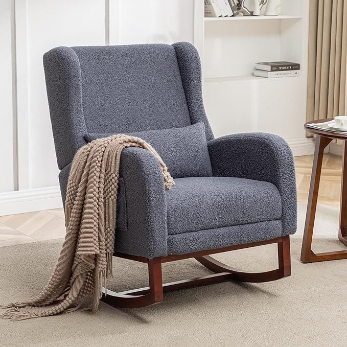 Rocking Chair Nursery,Teddy Nursery Rocking Chairs with Foot Rest, Sherpa Glider Rocker Nursing Chair with High Back for Nursing, Living Room, Bedroom, Dark Grey