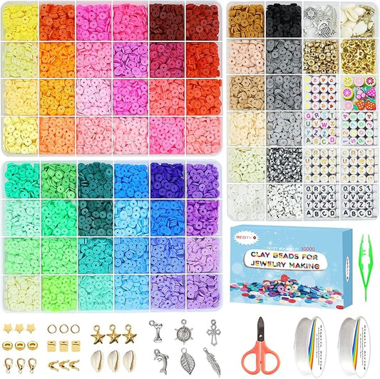 Redtwo 10000 Pcs Clay Beads Bracelet Making Kit, 3 Boxes 60 Colors Flat Preppy Beads for Friendship Bracelet Kit, Polymer Heishi Beads with Charms for Jewelry Making, Crafts Gifts for Teen Girls