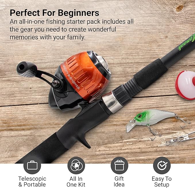 Kids Fishing Pole, Kids Portable Telescopic Fishing Rod Set, Tackle Box and Fishing Net Combo Kit, Kids Fishing Gear for Boys and Girls Age 5-10 and Youth