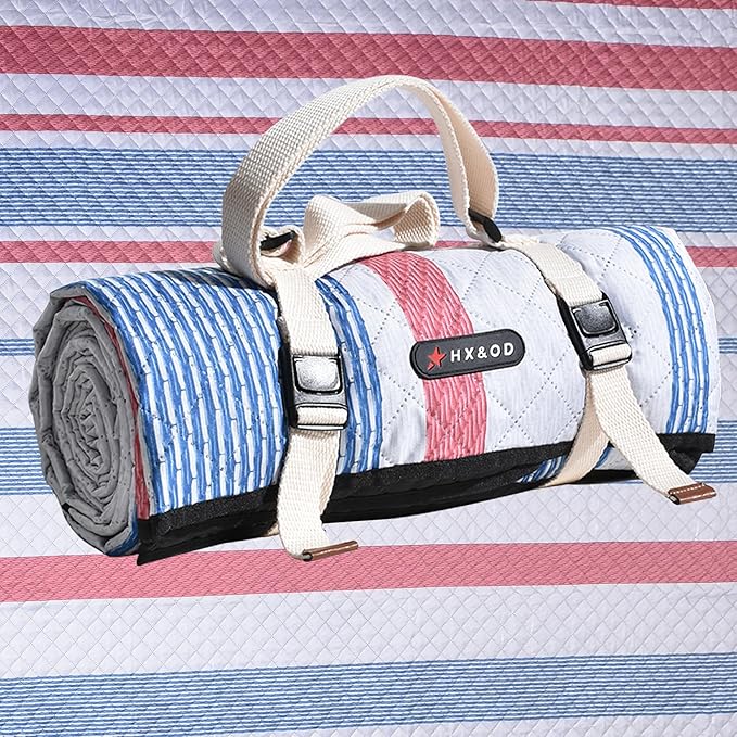 Waterproof Picnic Mat, Outdoor Camping Oversized Field Blanket. Portable Thickened Camping Blanket, Suitable for Beach, Camping, Music Festival, Party, Outdoor Adventure. (Red&Blue&White, 80”x80”)