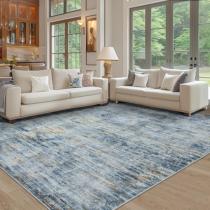 Area Rugs 8x10 Living Room Rugs: Large Modern Abstract Washable Rug with Non-Slip Backing, Thin Carpet for Dining Room Table Bedroom Nursery Indoor Home Office-Blue/Brown