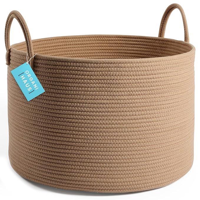 OrganiHaus Large Laundry Basket, Woven Cotton Rope Basket for Blankets, Toy Storage, Nursery Hamper, Living Room Decor Organizer, Soft & Durable Hamper with Handles, 20x13 inches - Honey