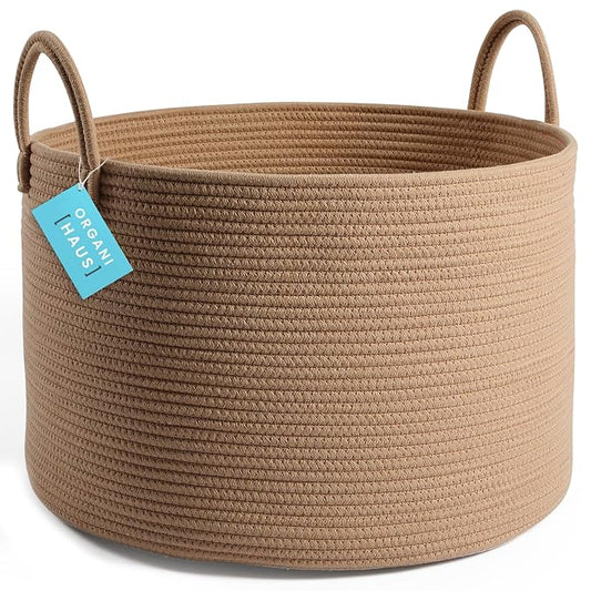 OrganiHaus Large Laundry Basket, Woven Cotton Rope Basket for Blankets, Toy Storage, Nursery Hamper, Living Room Decor Organizer, Soft & Durable Hamper with Handles, 20x13 inches - Honey